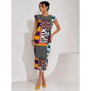 Vibrant Patchwork Geometric Print Midi Dress Size 6 Artsy Dopamine 90's Style